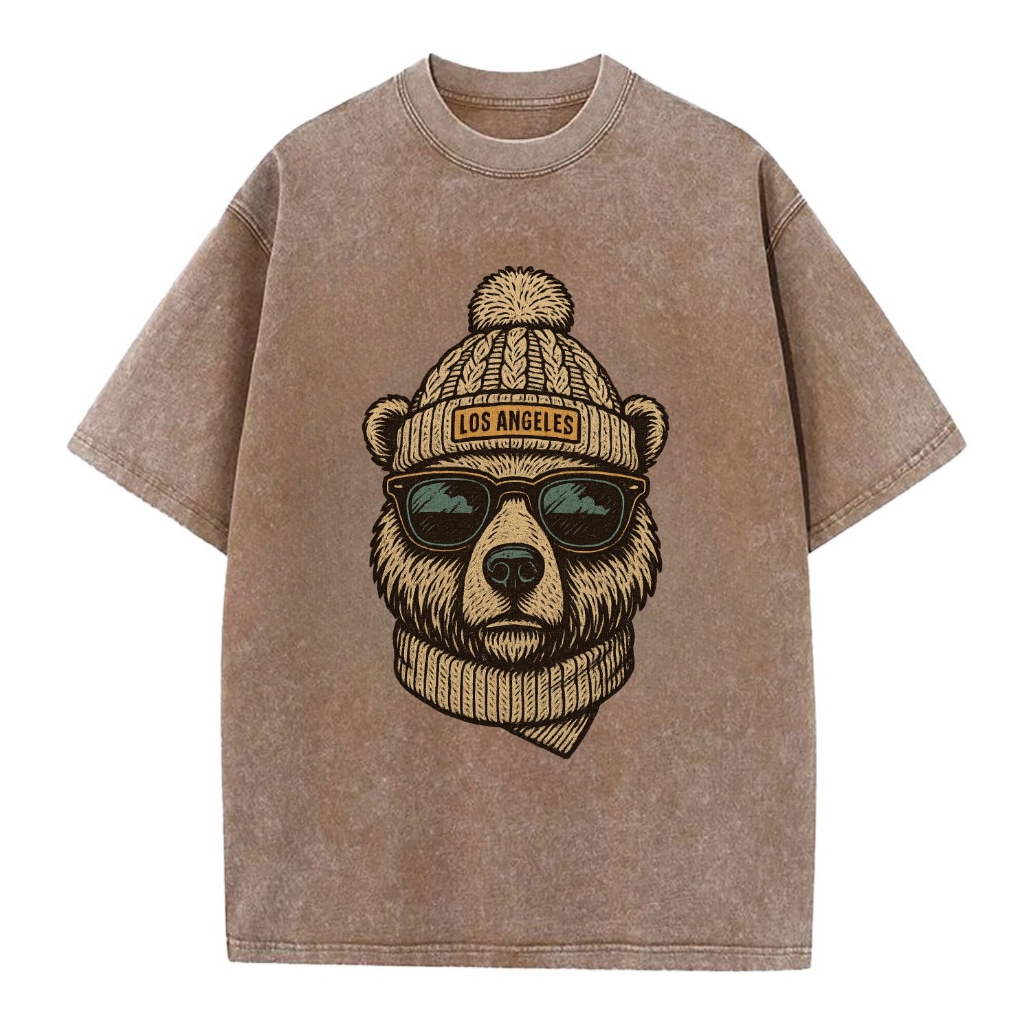 California Grizzly Bear wearing Los Angeles beanie with pom pom and wayfarer - Vintage T-shirt - Brown