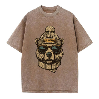 California Grizzly Bear wearing Los Angeles beanie with pom pom and wayfarer - Vintage T-shirt - Brown