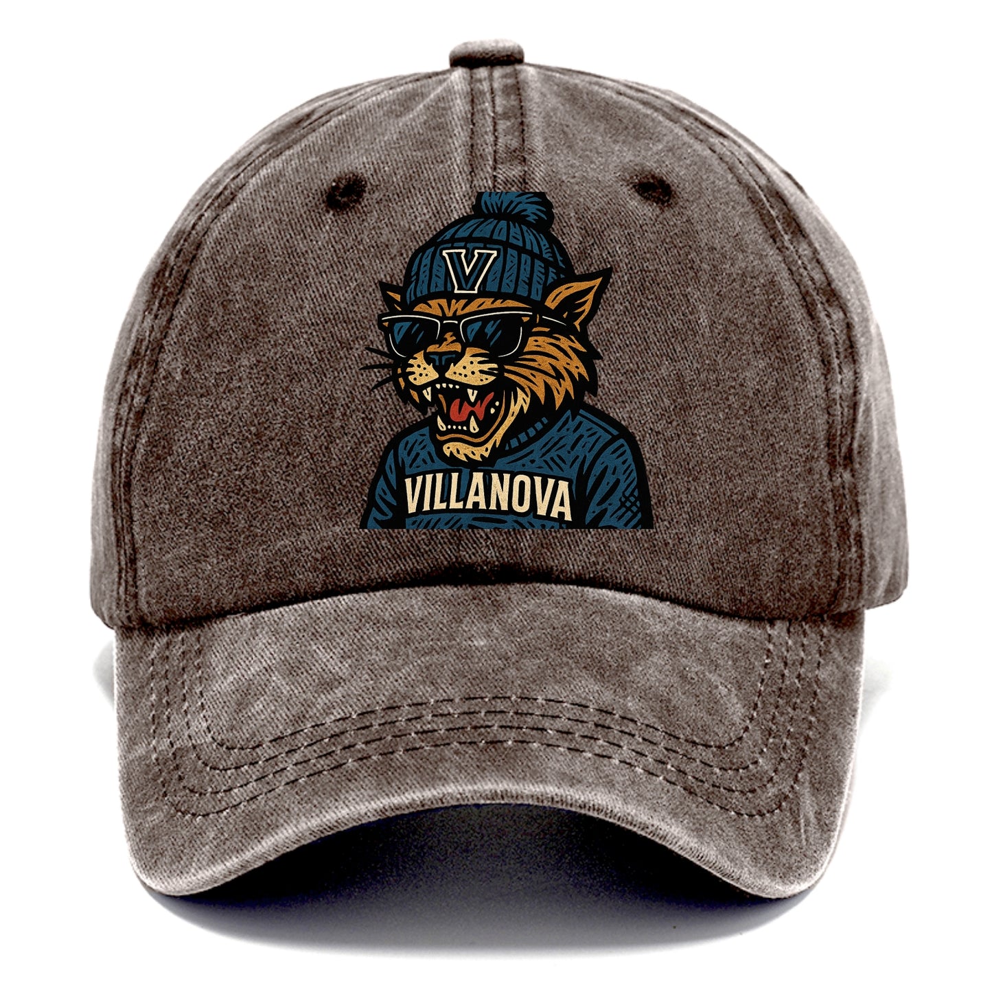 Villanova Wildcat wearing Villanova beanie with V patch - Classic Cap - Brown