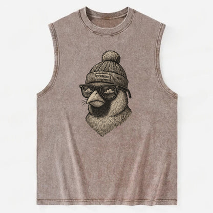 Virginia Cardinal wearing Richmond beanie with pom pom and wayfarer sunglasses - Vintage Washed Tank - Brown