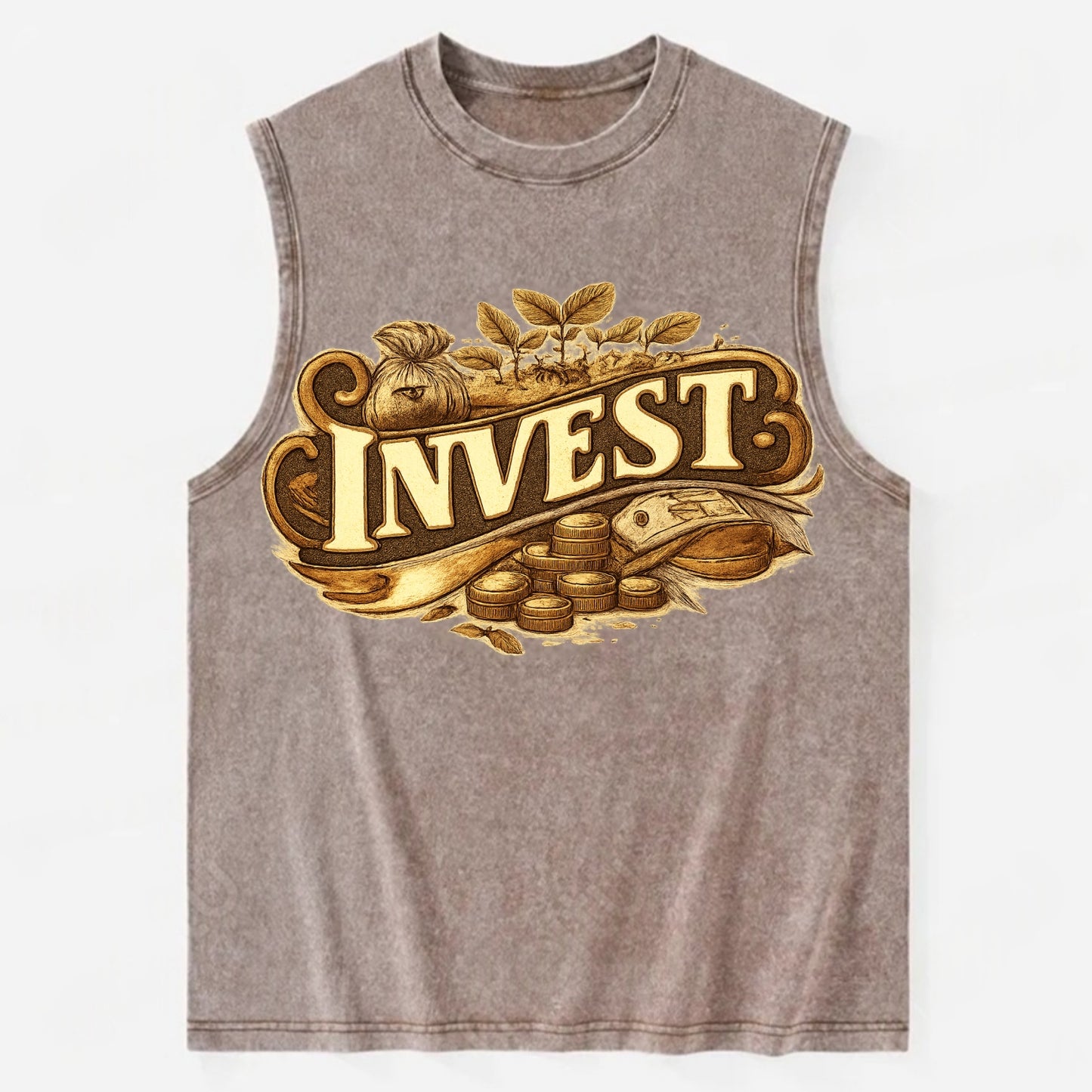 Bold typography design - "INVEST" - growing money, smart decisions - Vintage Washed Tank - Brown