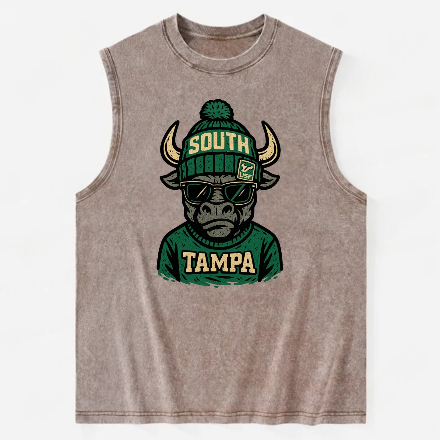 Tampa Bull wearing South Florida beanie with USF patch - Vintage Washed Tank - Brown