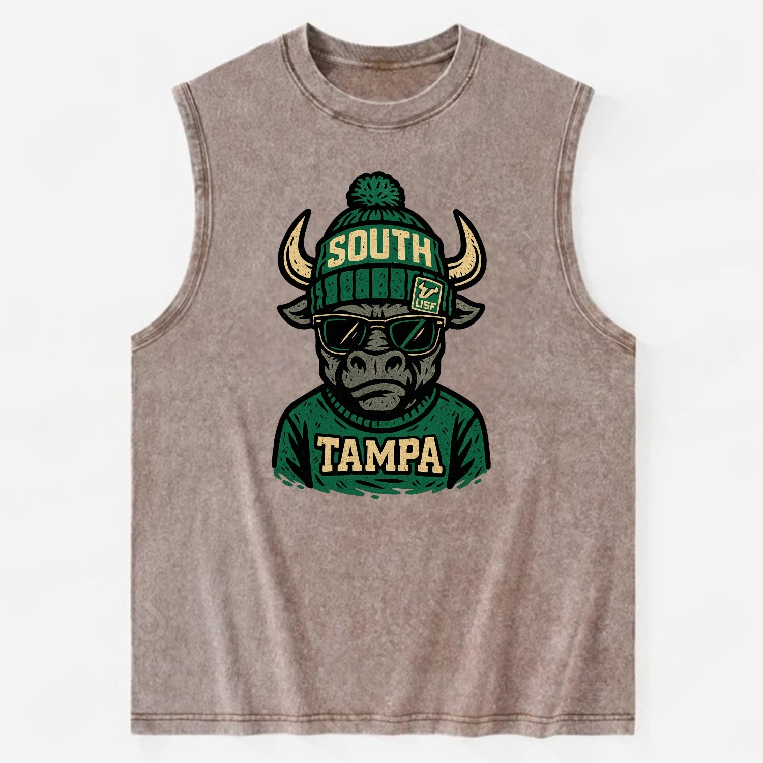 Tampa Bull wearing South Florida beanie with USF patch - Vintage Washed Tank - Brown