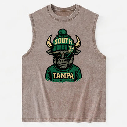 Tampa Bull wearing South Florida beanie with USF patch - Vintage Washed Tank - Brown