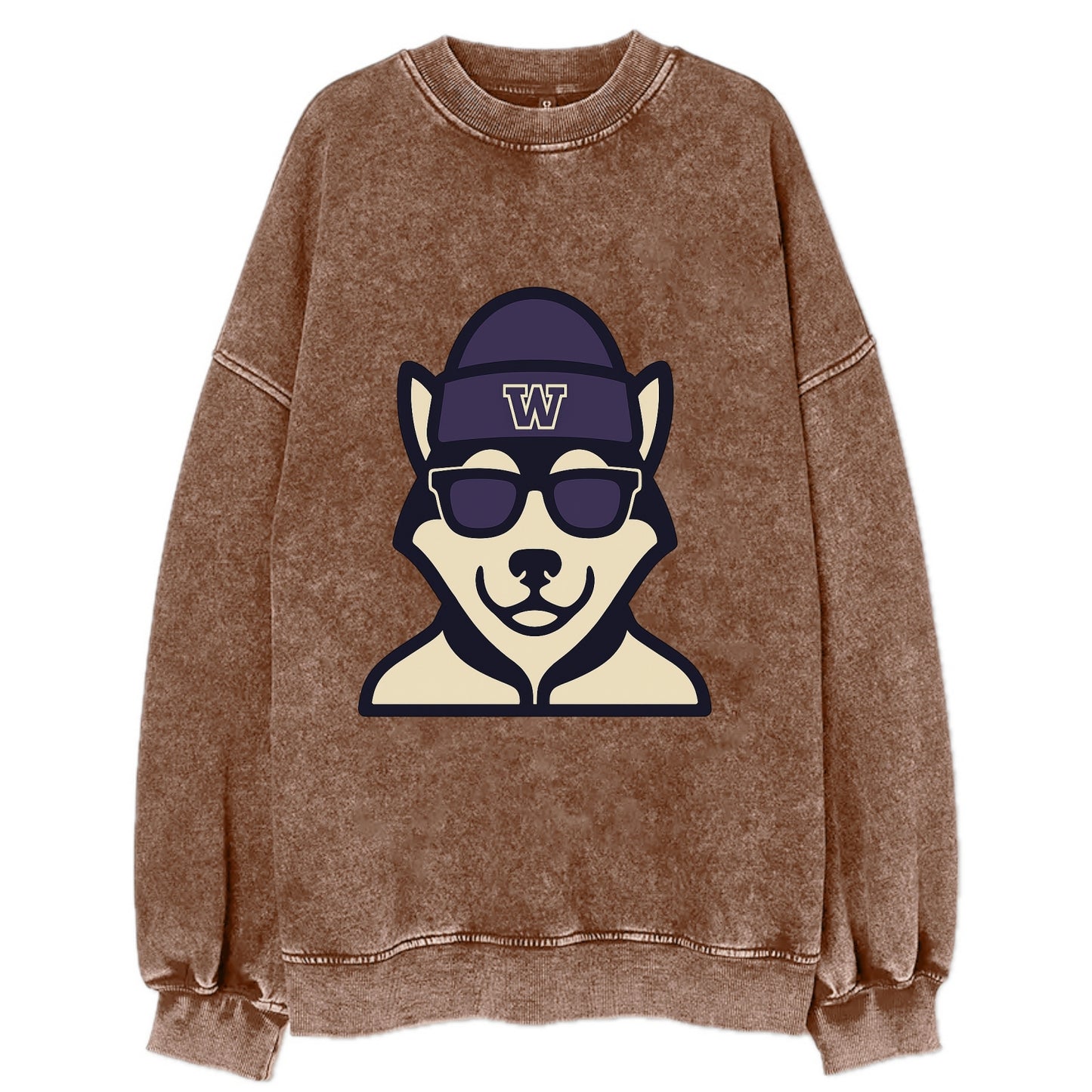 Seattle Husky wearing Washington beanie with W patch - Vintage Sweatshirt - Brown