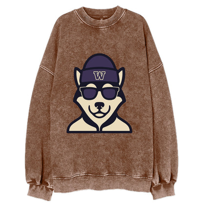 Seattle Husky wearing Washington beanie with W patch - Vintage Sweatshirt - Brown