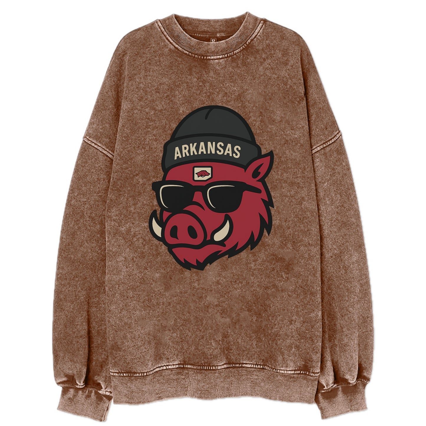 Fayetteville Razorback wearing Arkansas beanie with hog patch - Vintage Sweatshirt - Brown