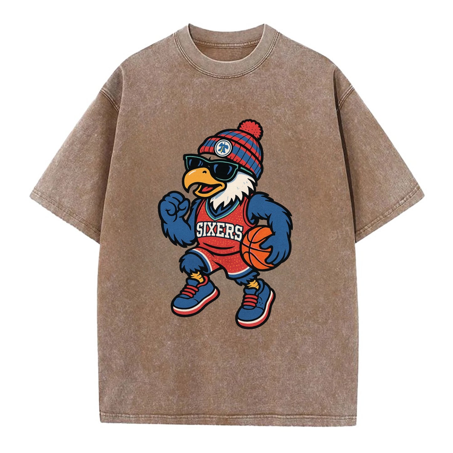 Philadelphia Eagle wearing 76ers red white and blue beanie with bell patch and - Vintage T-shirt - Brown