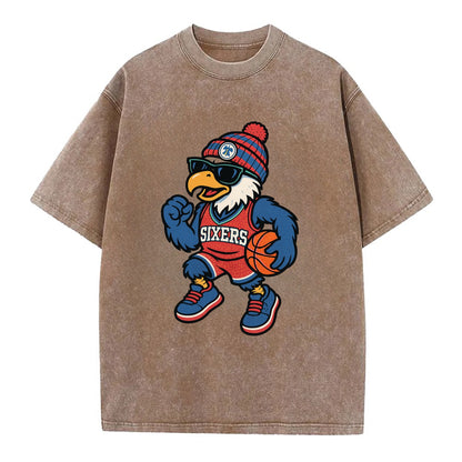 Philadelphia Eagle wearing 76ers red white and blue beanie with bell patch and - Vintage T-shirt - Brown