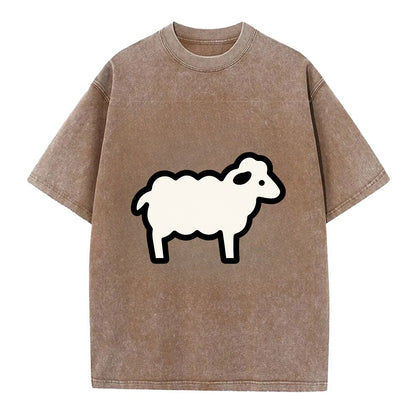 Sheep - White fluffy wool flat side profile - Vintage T-shirt - Brown