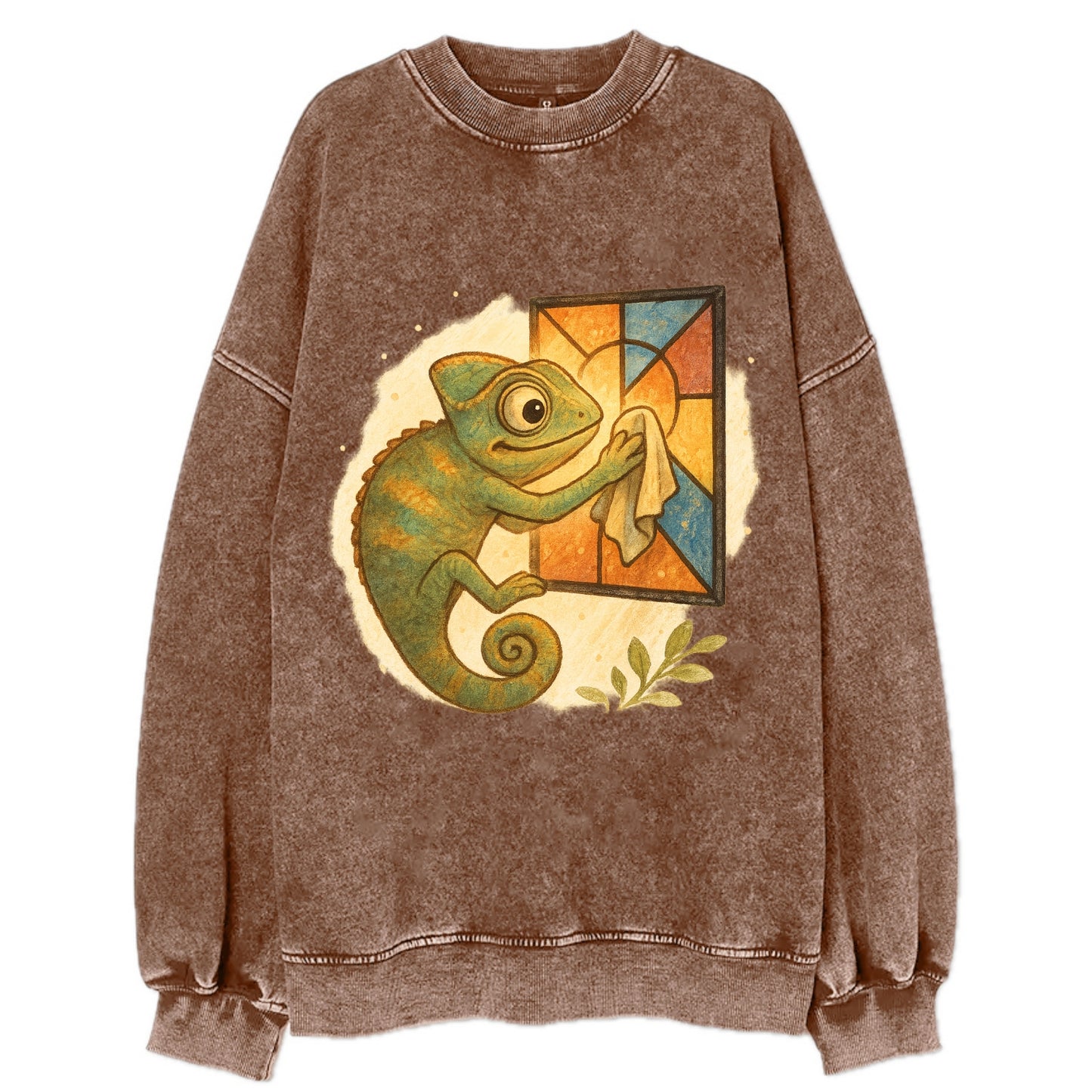 Chameleon blending into a stained-glass window it is polishing with delicate - Vintage Sweatshirt - Brown