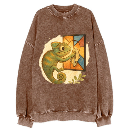 Chameleon blending into a stained-glass window it is polishing with delicate - Vintage Sweatshirt - Brown