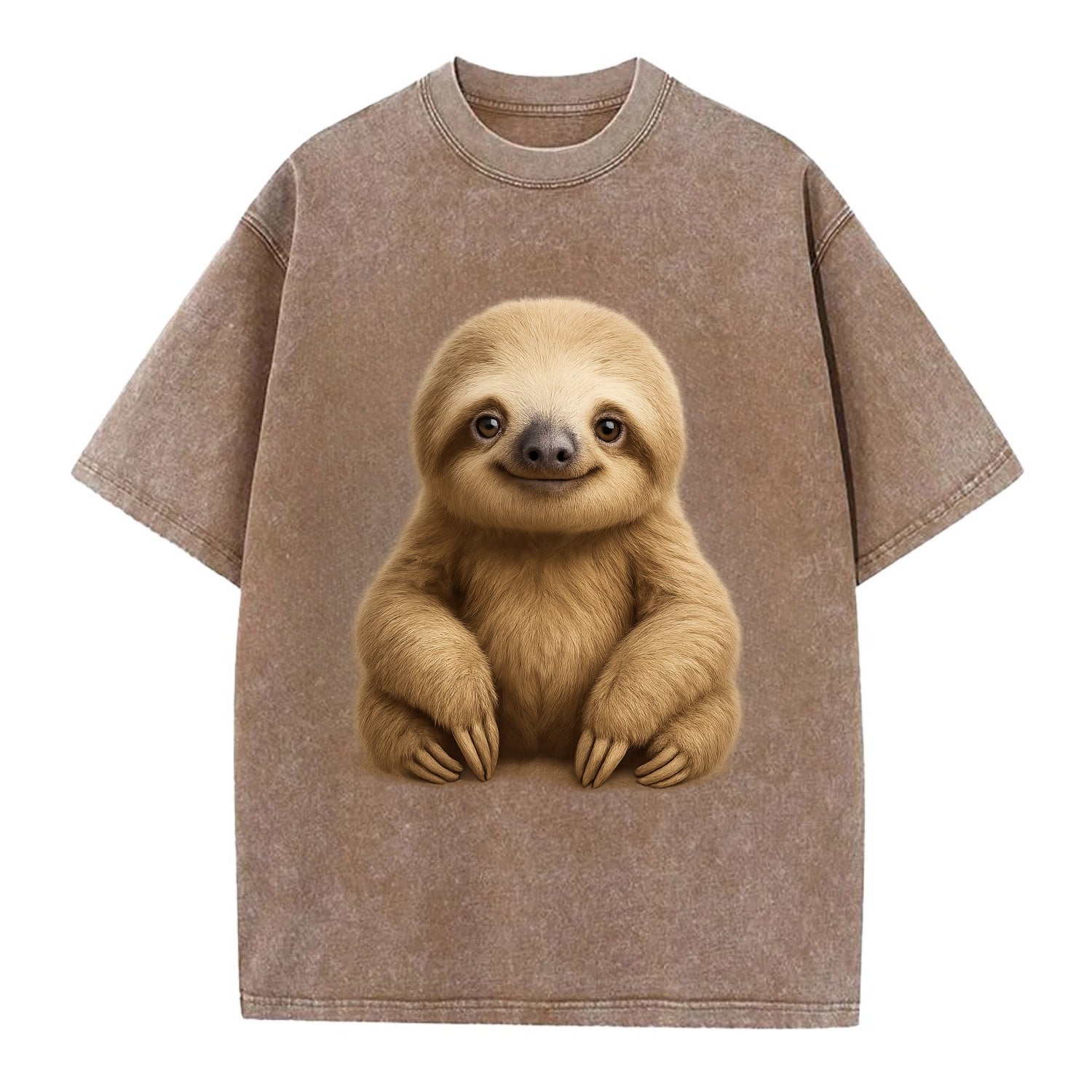 Baby Sloth - tan fur, long arms, peaceful smile, gentle eyes, front-facing, zen - Vintage T-shirt - Brown