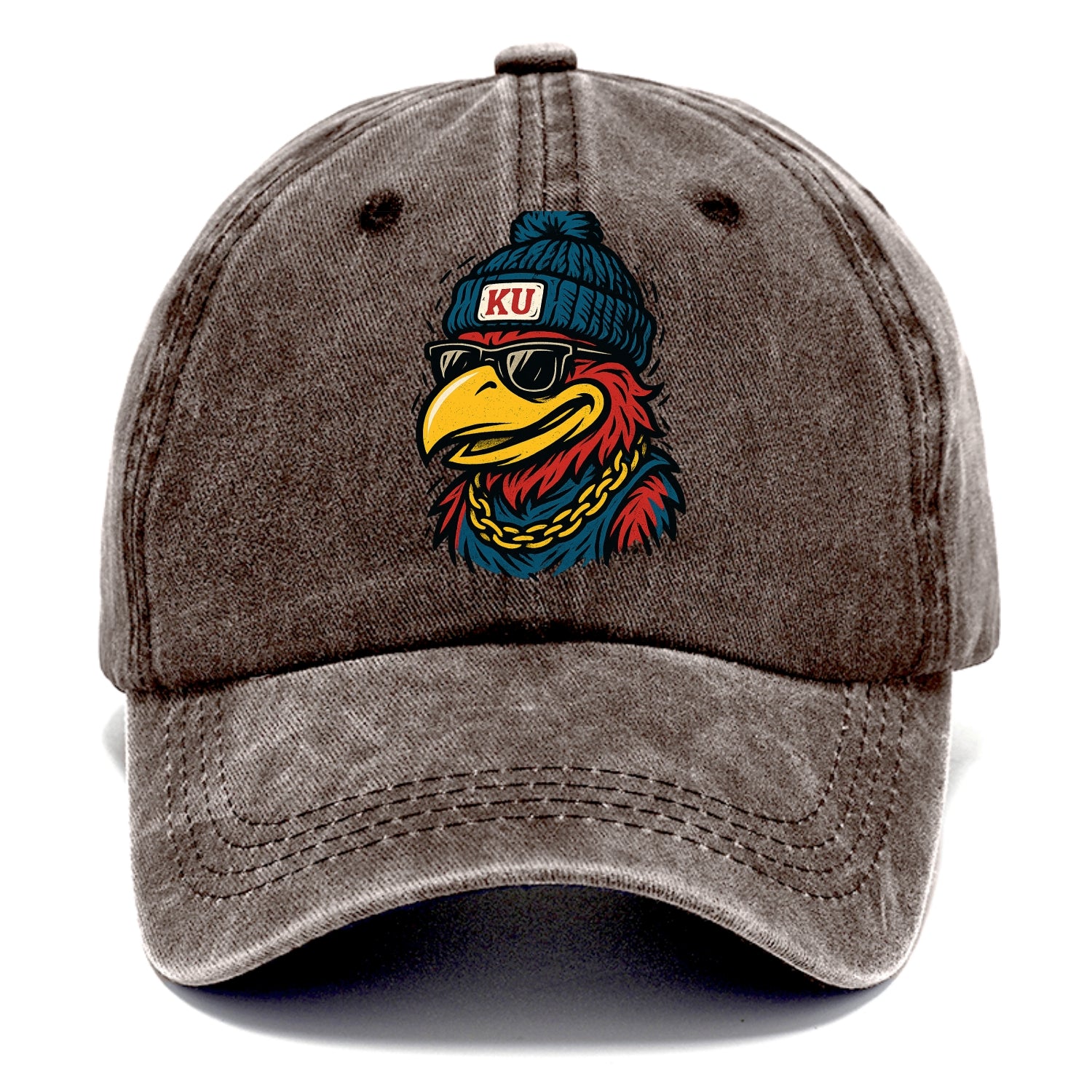 Lawrence Jayhawk wearing Kansas beanie with KU patch - Classic Cap - Brown