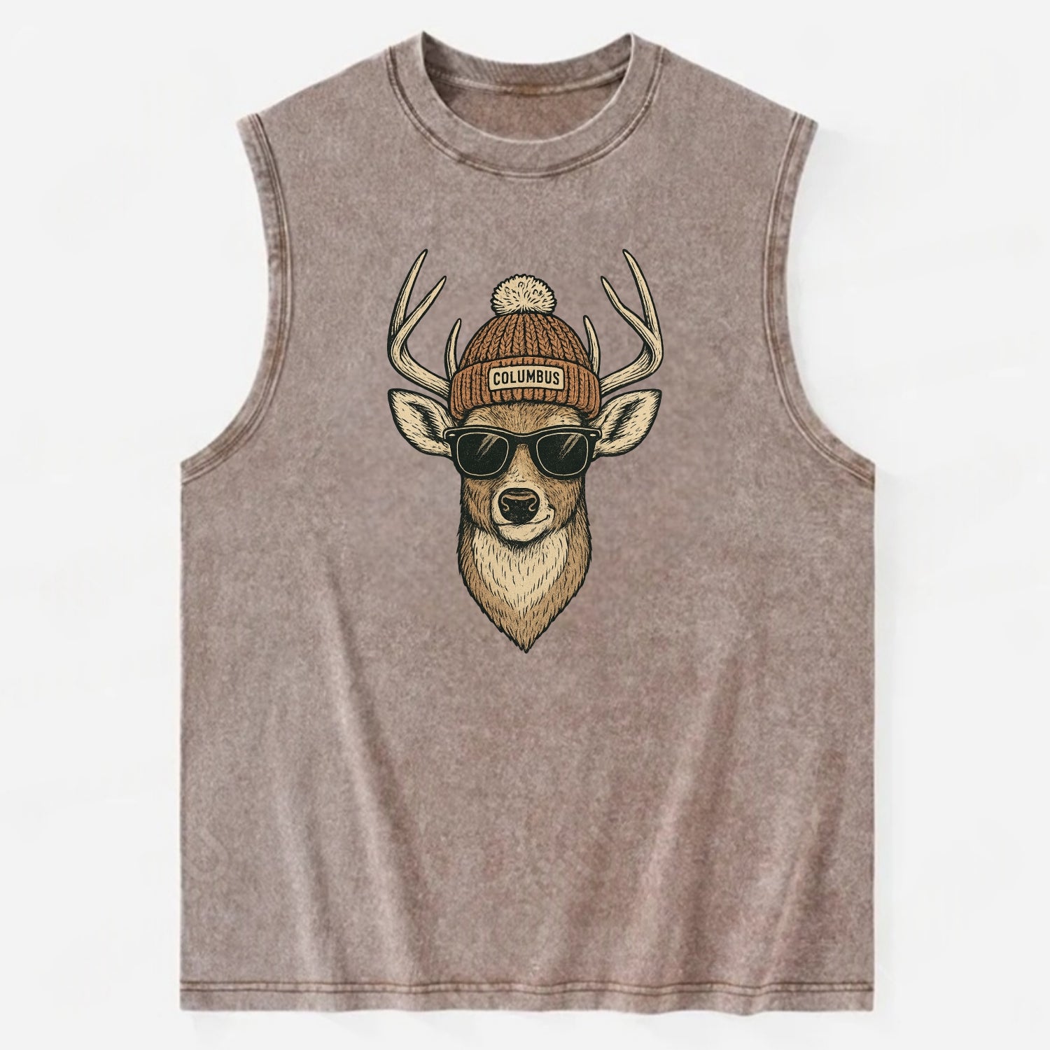 Ohio White-tailed Deer wearing Columbus beanie with pom pom and wayfarer - Vintage Washed Tank - Brown