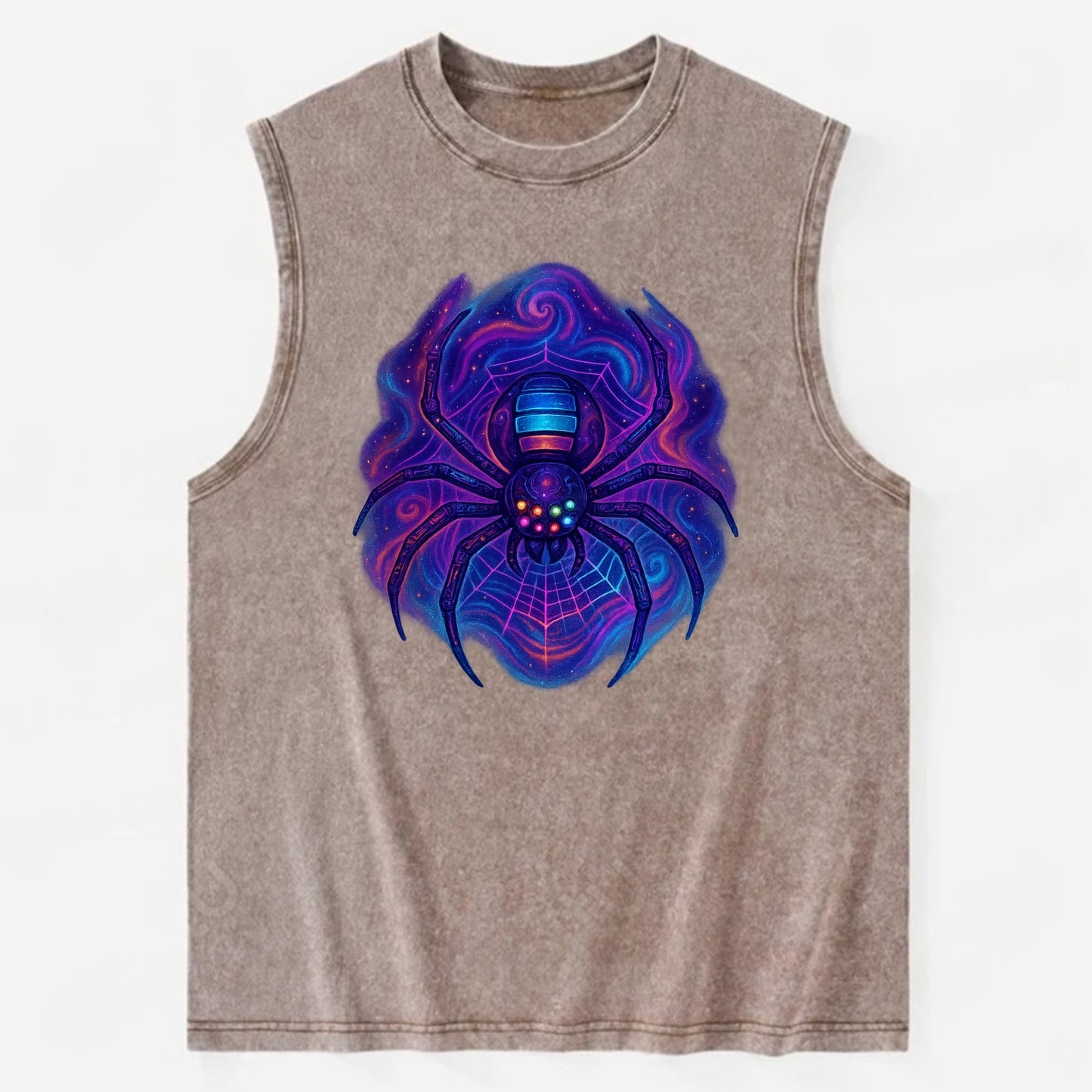 Tech spider with legs showing circuit board patterns, web glowing in neon - Vintage Washed Tank - Brown