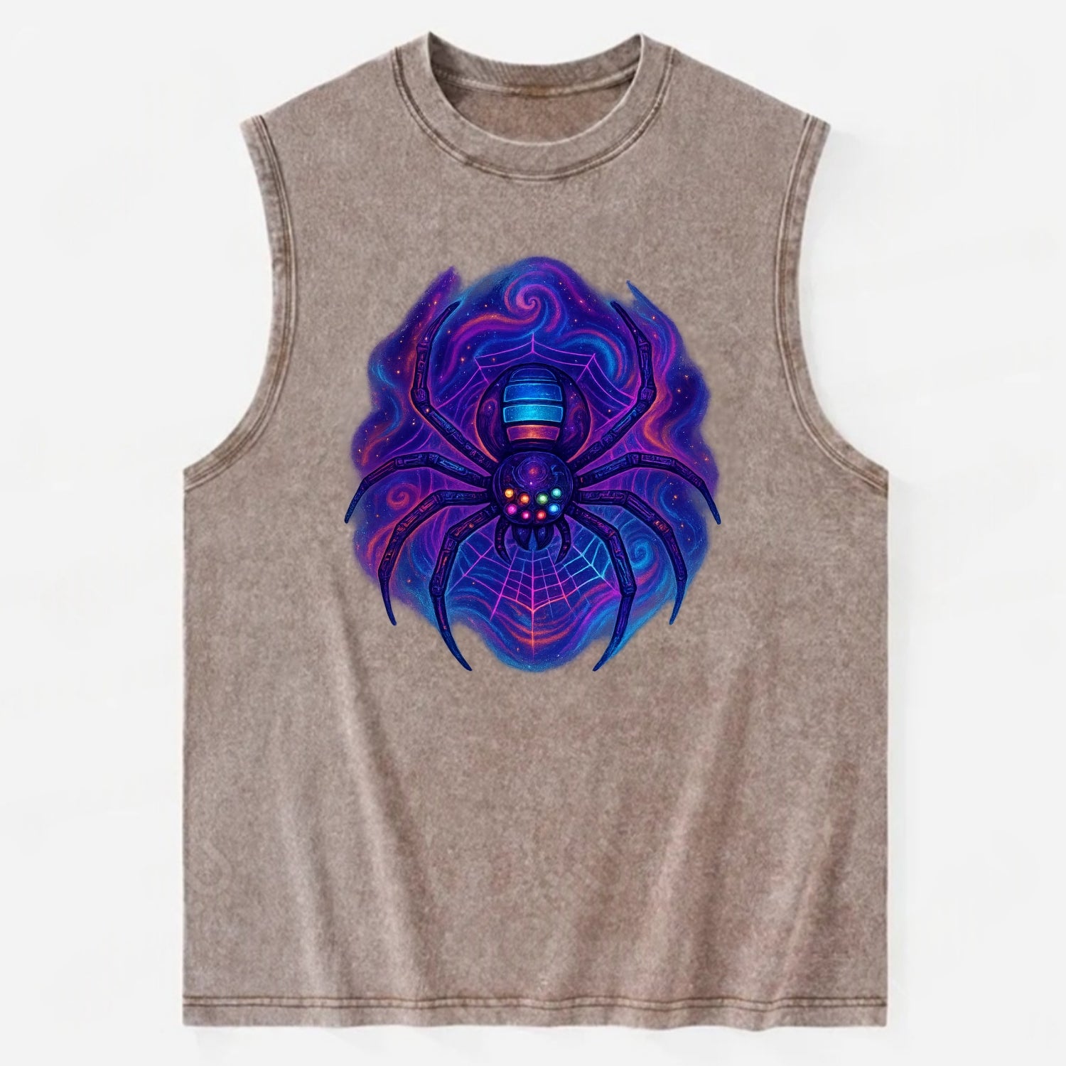 Tech spider with legs showing circuit board patterns, web glowing in neon - Vintage Washed Tank - Brown