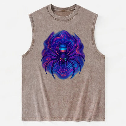 Tech spider with legs showing circuit board patterns, web glowing in neon - Vintage Washed Tank - Brown