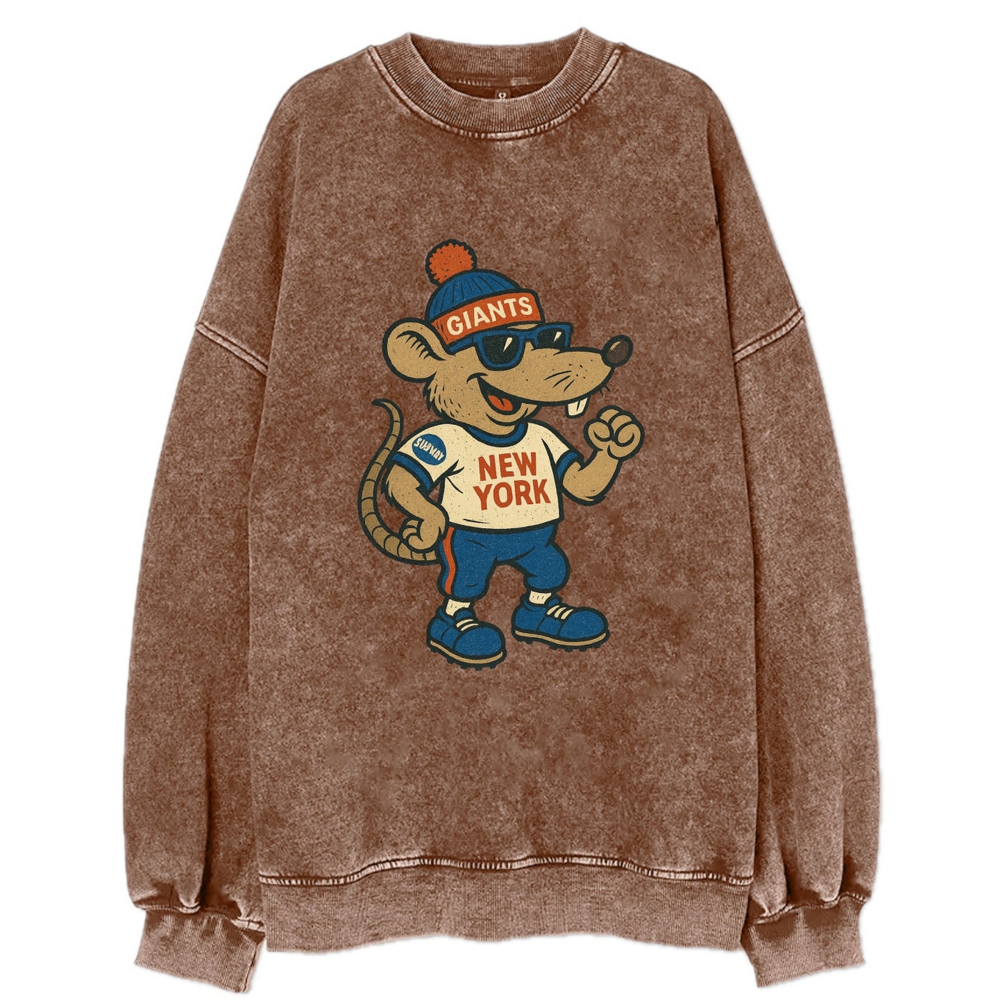 New York Rat wearing Giants beanie with subway patch and wayfarer sunglasses - Vintage Sweatshirt - Brown