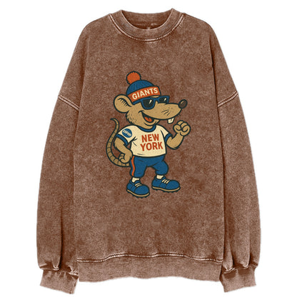 New York Rat wearing Giants beanie with subway patch and wayfarer sunglasses - Vintage Sweatshirt - Brown