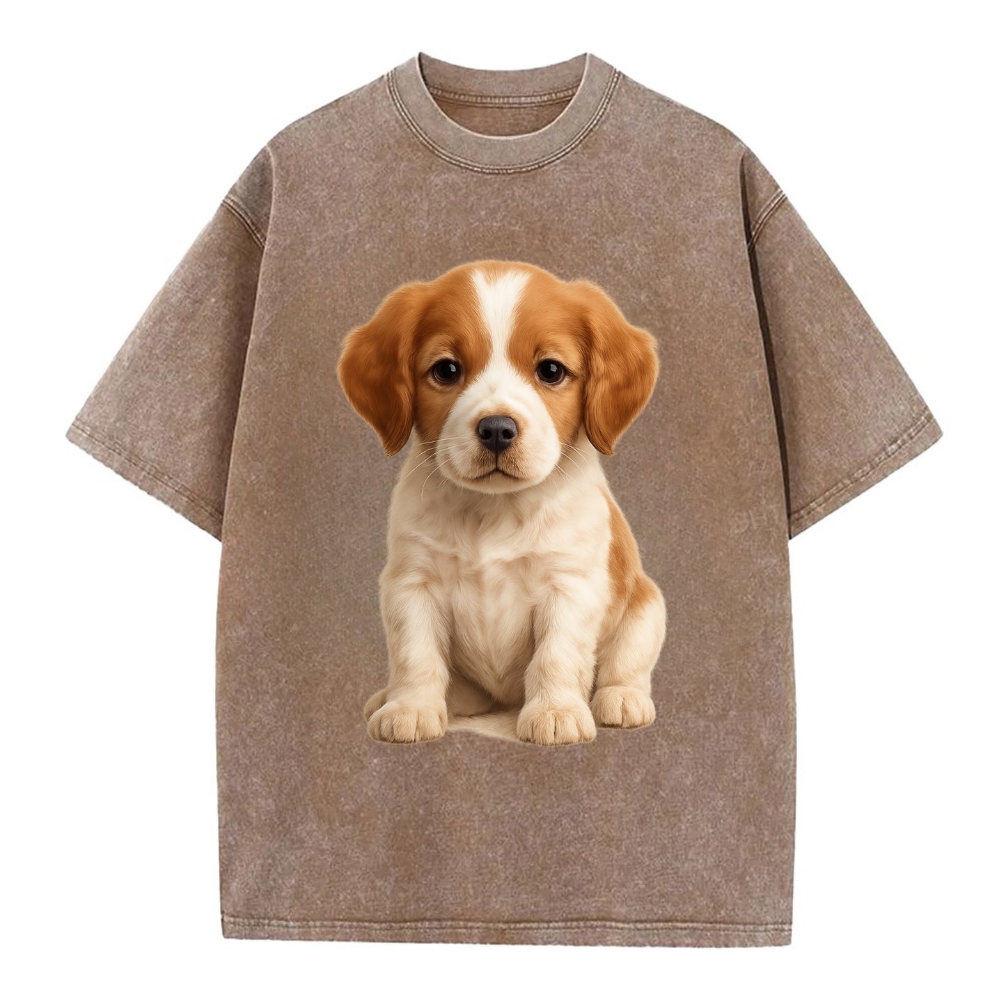 Baby Brittany Puppy - orange and white, compact, bright eyes, feathered, - Vintage T-shirt - Brown