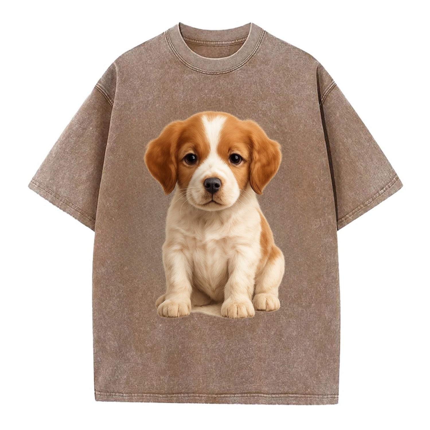 Baby Brittany Puppy - orange and white, compact, bright eyes, feathered, - Vintage T-shirt - Brown