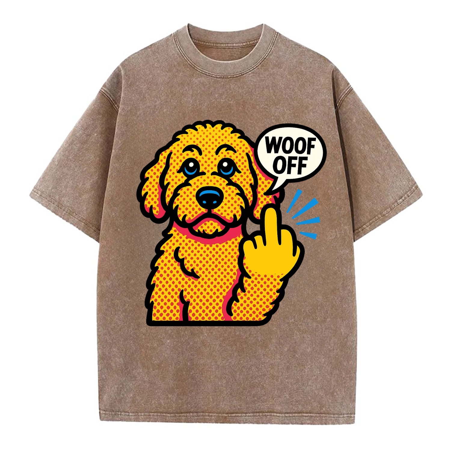 Goldendoodle with teddy bear face and curly golden coat, friendly paw flipping off - Vintage T-shirt - Brown