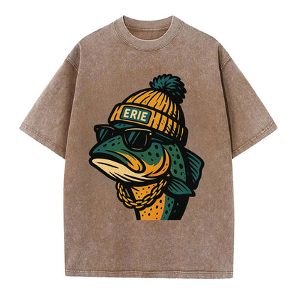 Erie Lake Trout wearing Erie beanie with pom pom and wayfarer sunglasses - Vintage T-shirt - Brown