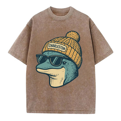 Charleston Dolphin wearing Charleston beanie with pom pom and wayfarer sunglasses - Vintage T-shirt - Brown