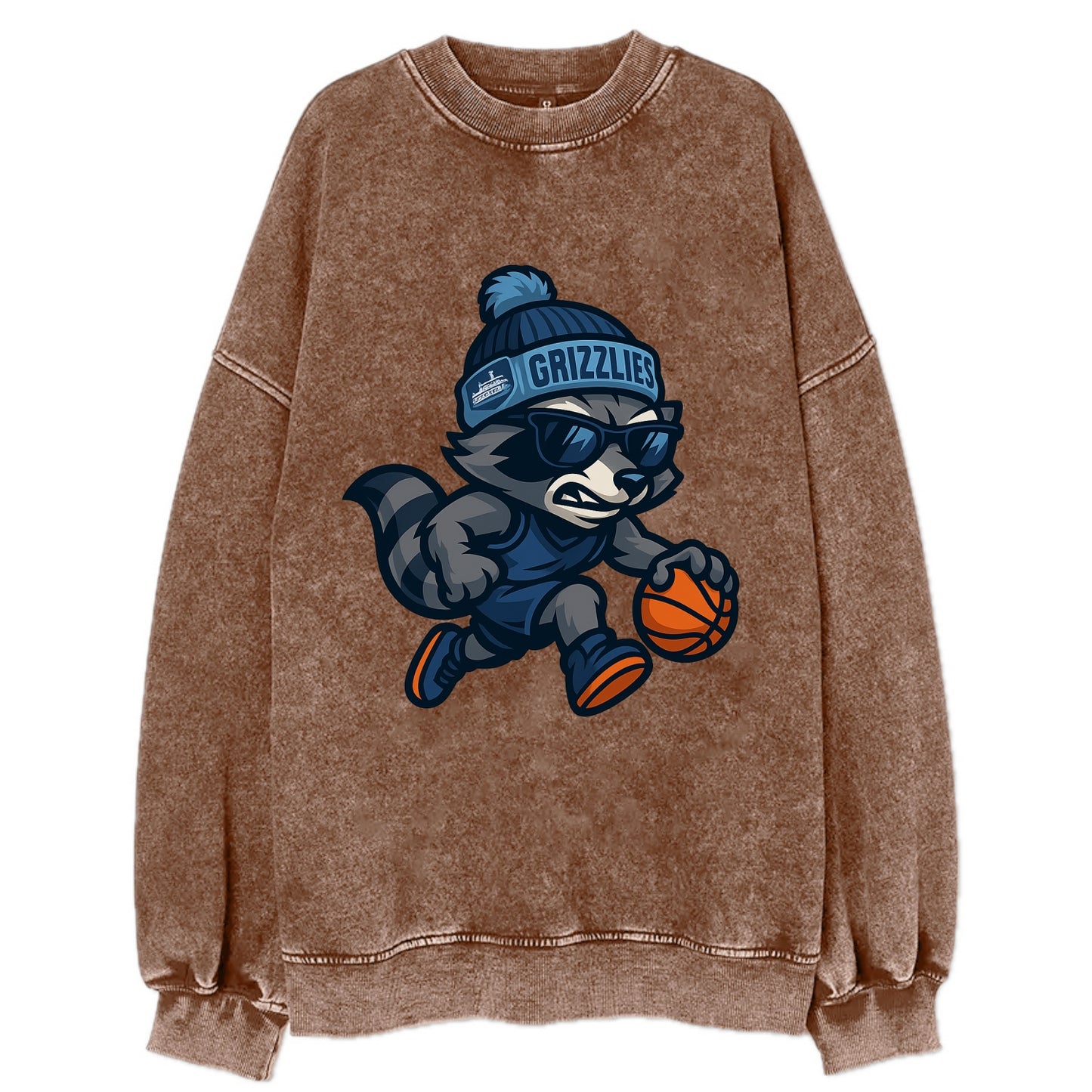 Memphis Raccoon wearing Grizzlies beanie with riverboat patch and wayfarer - Vintage Sweatshirt - Brown