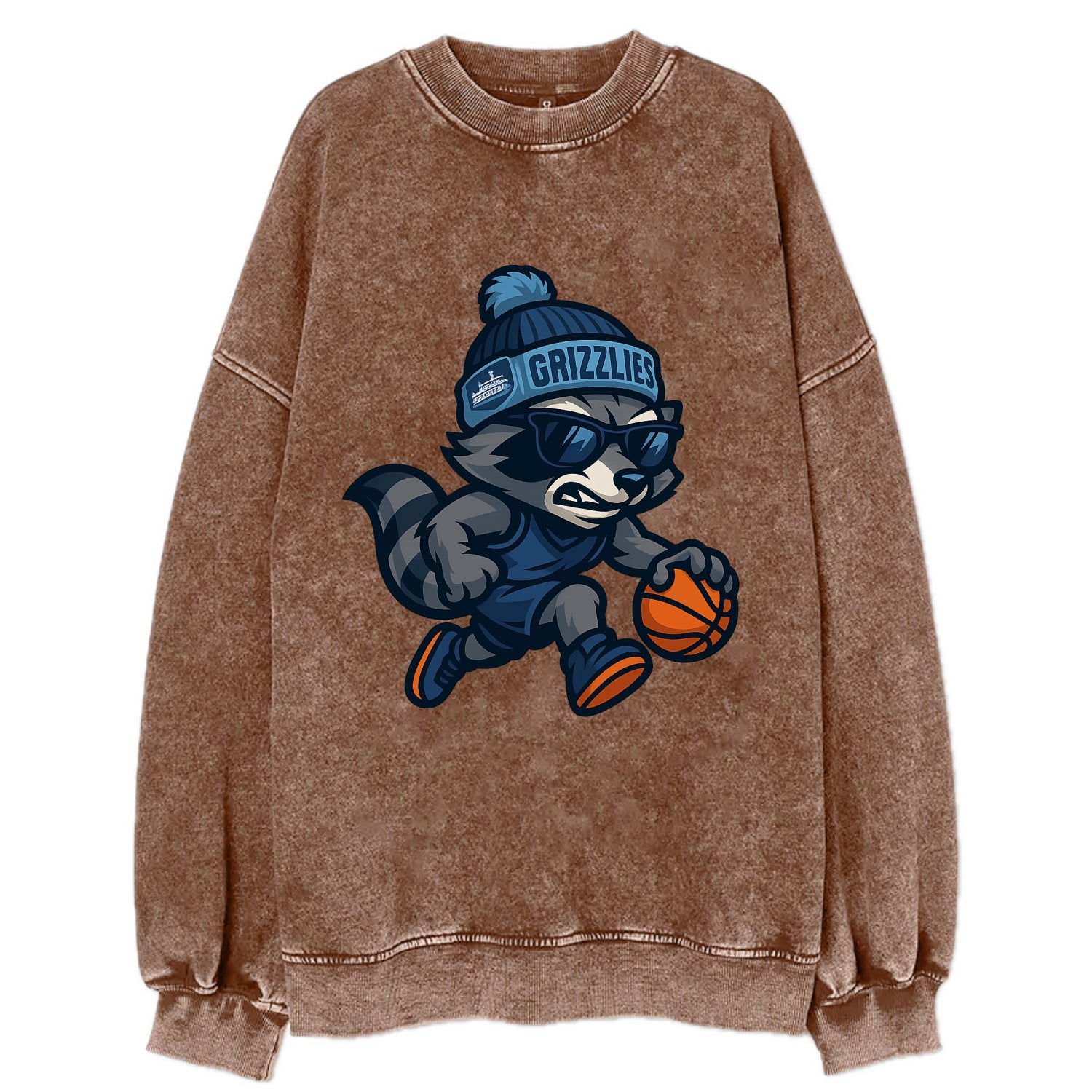 Memphis Raccoon wearing Grizzlies beanie with riverboat patch and wayfarer - Vintage Sweatshirt - Brown