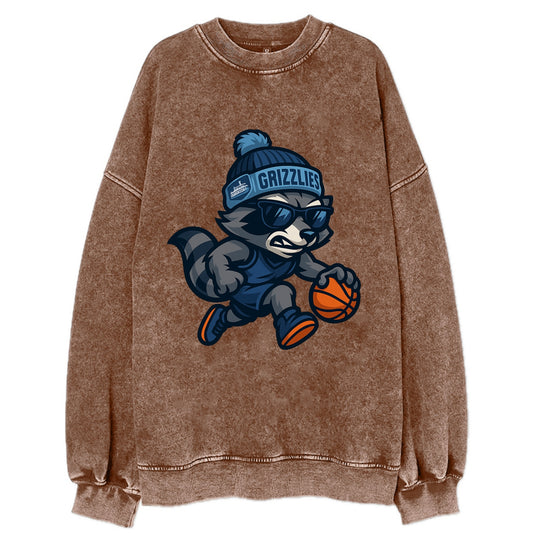 Memphis Raccoon wearing Grizzlies beanie with riverboat patch and wayfarer - Vintage Sweatshirt - Brown