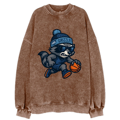 Memphis Raccoon wearing Grizzlies beanie with riverboat patch and wayfarer - Vintage Sweatshirt