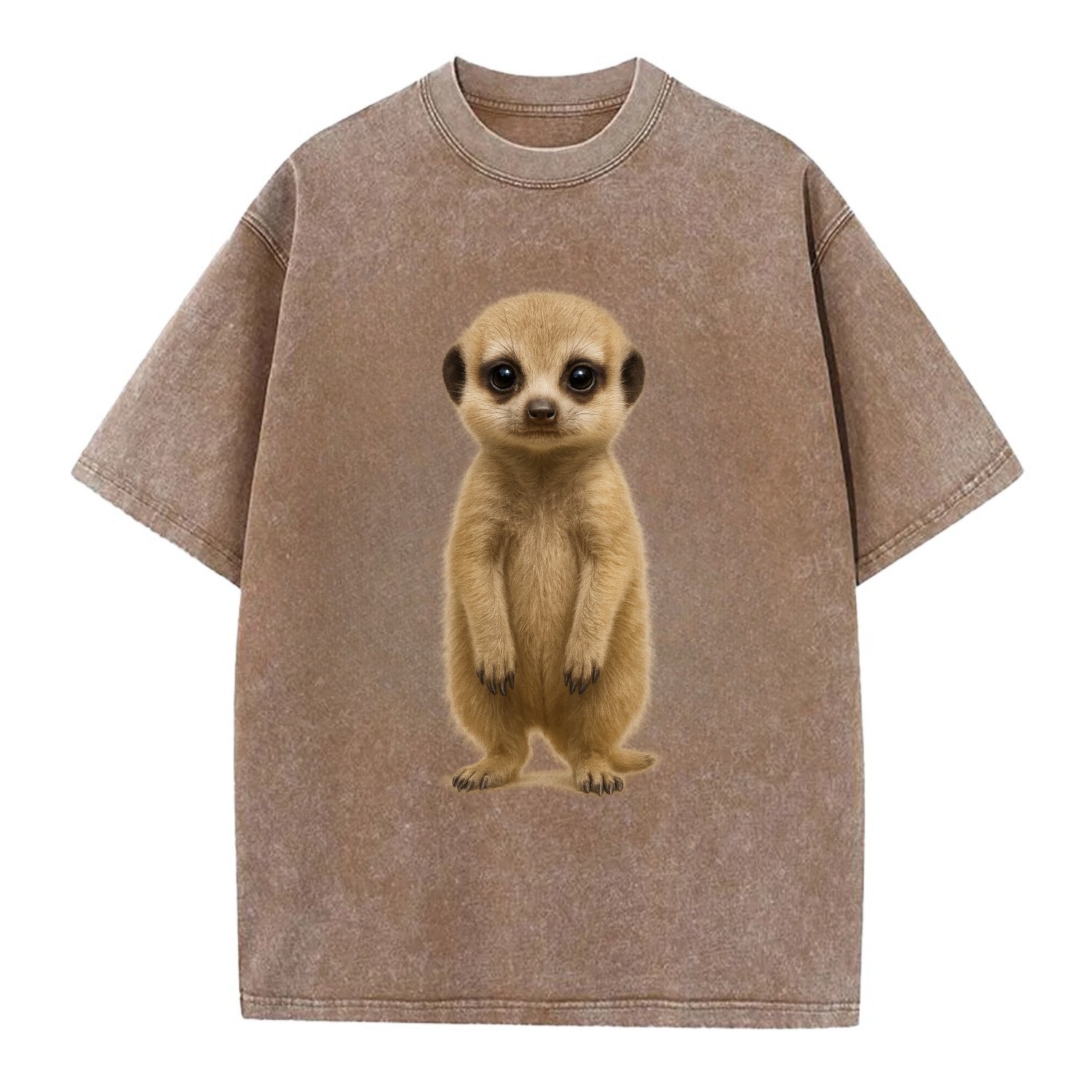 Baby Meerkat - tan fur, dark eye patches, alert stance, bright eyes, - Vintage T-shirt - Brown