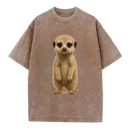 Baby Meerkat - tan fur, dark eye patches, alert stance, bright eyes, - Vintage T-shirt - Brown