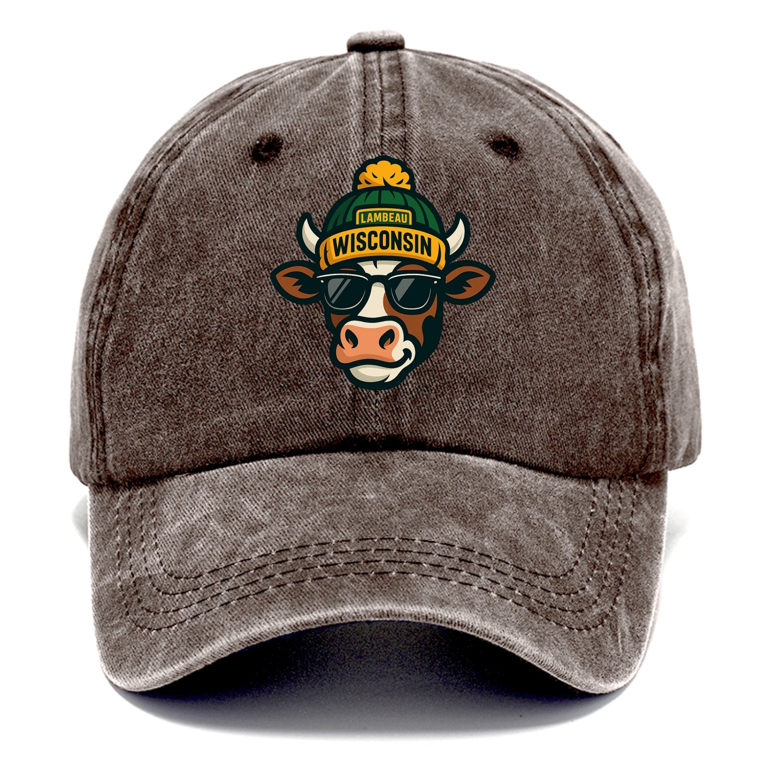 Wisconsin Cow wearing Packers beanie with Lambeau patch and wayfarer sunglasses - Classic Cap - Brown