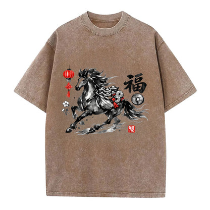 PROSPERITY HORSE | Horse carrying gold ingots and coins | Chinese knot - Vintage T-shirt - Brown