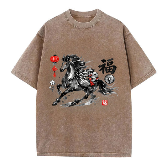 PROSPERITY HORSE | Horse carrying gold ingots and coins | Chinese knot - Vintage T-shirt - Brown