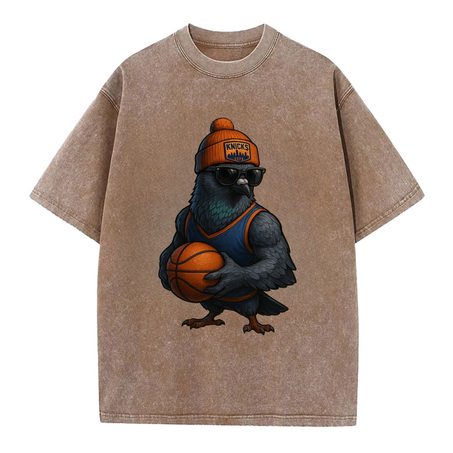 Manhattan Pigeon wearing Knicks beanie with skyline patch and wayfarer sunglasses - Vintage T-shirt - Brown
