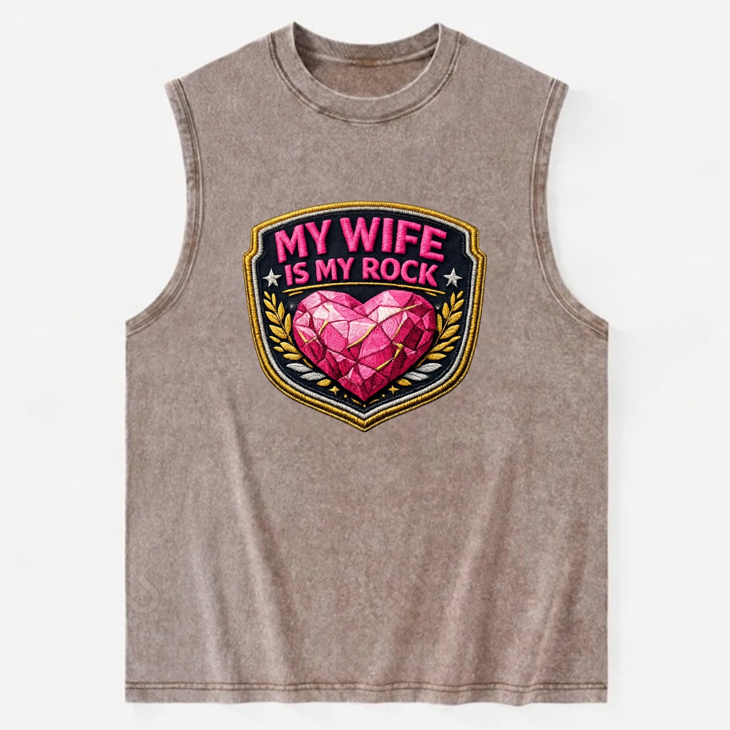 MY WIFE IS MY ROCK - pink rock heart - pink - solid wife - Vintage Washed Tank - Brown