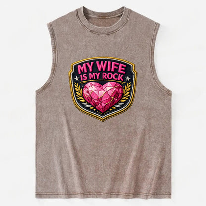 MY WIFE IS MY ROCK - pink rock heart - pink - solid wife - Vintage Washed Tank - Brown