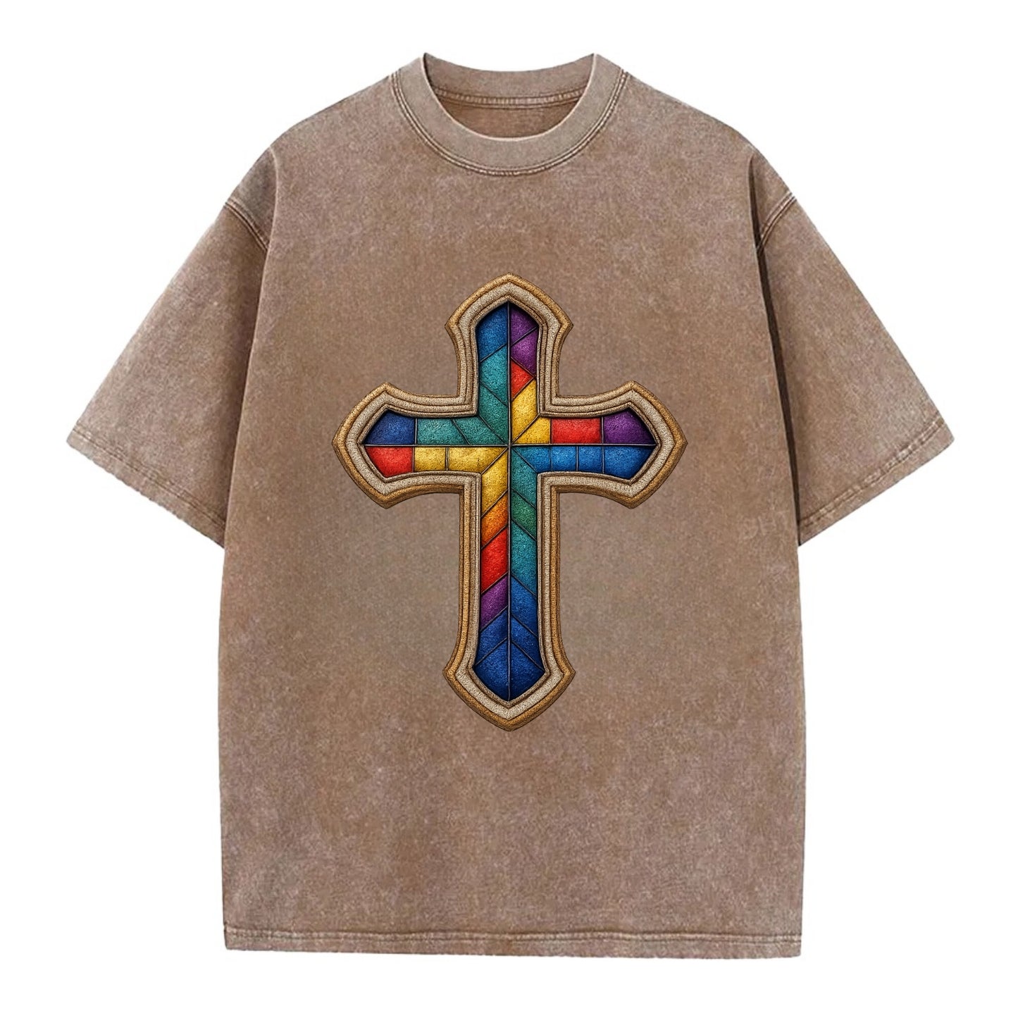 Stained Glass Cross  - Vintage T-shirt - Brown