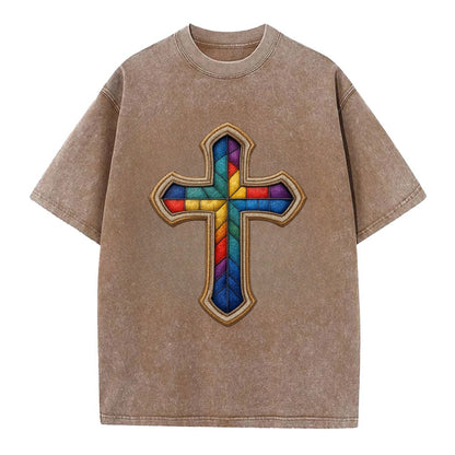 Stained Glass Cross  - Vintage T-shirt - Brown