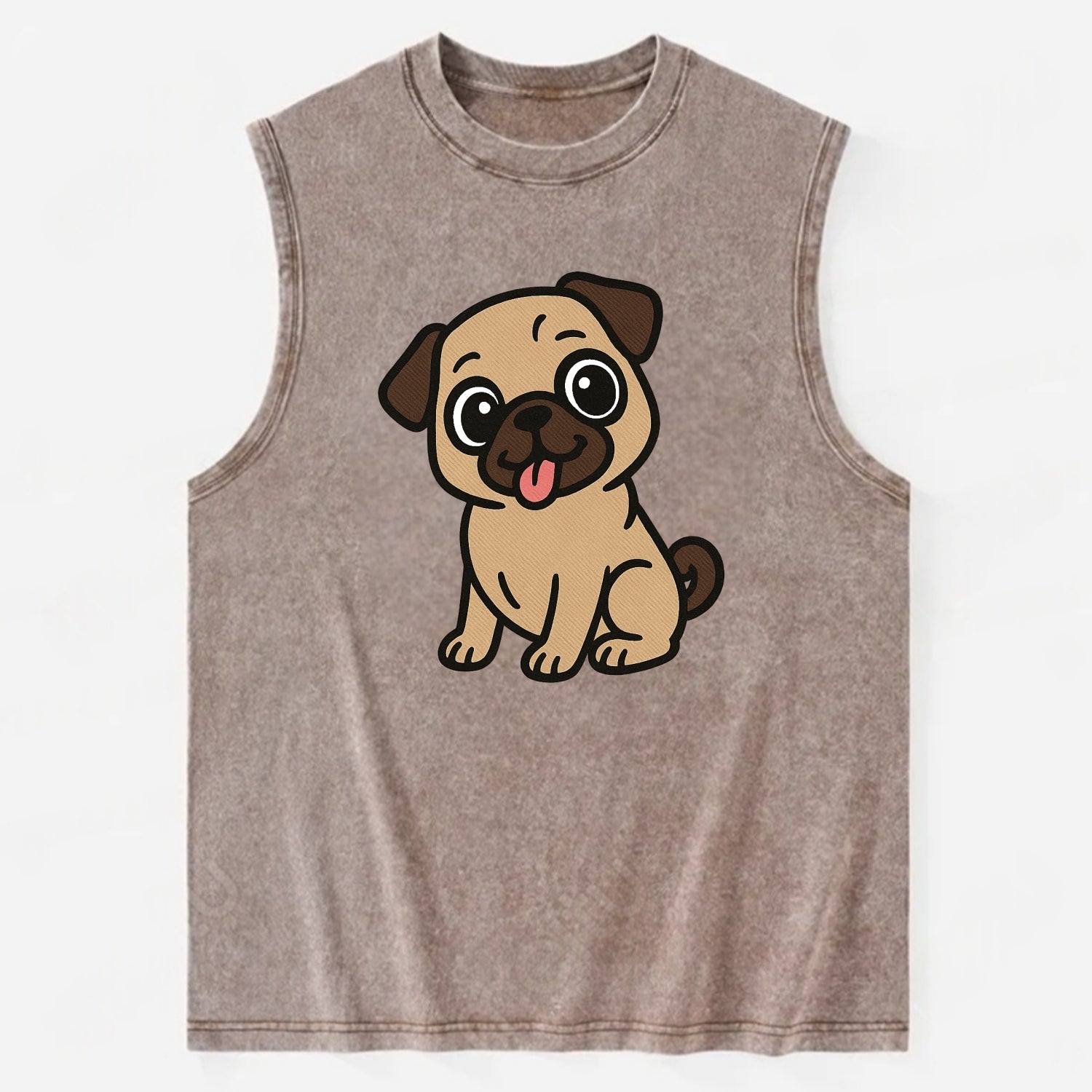 Pug - Tilted head with tongue out - Vintage Washed Tank - Brown
