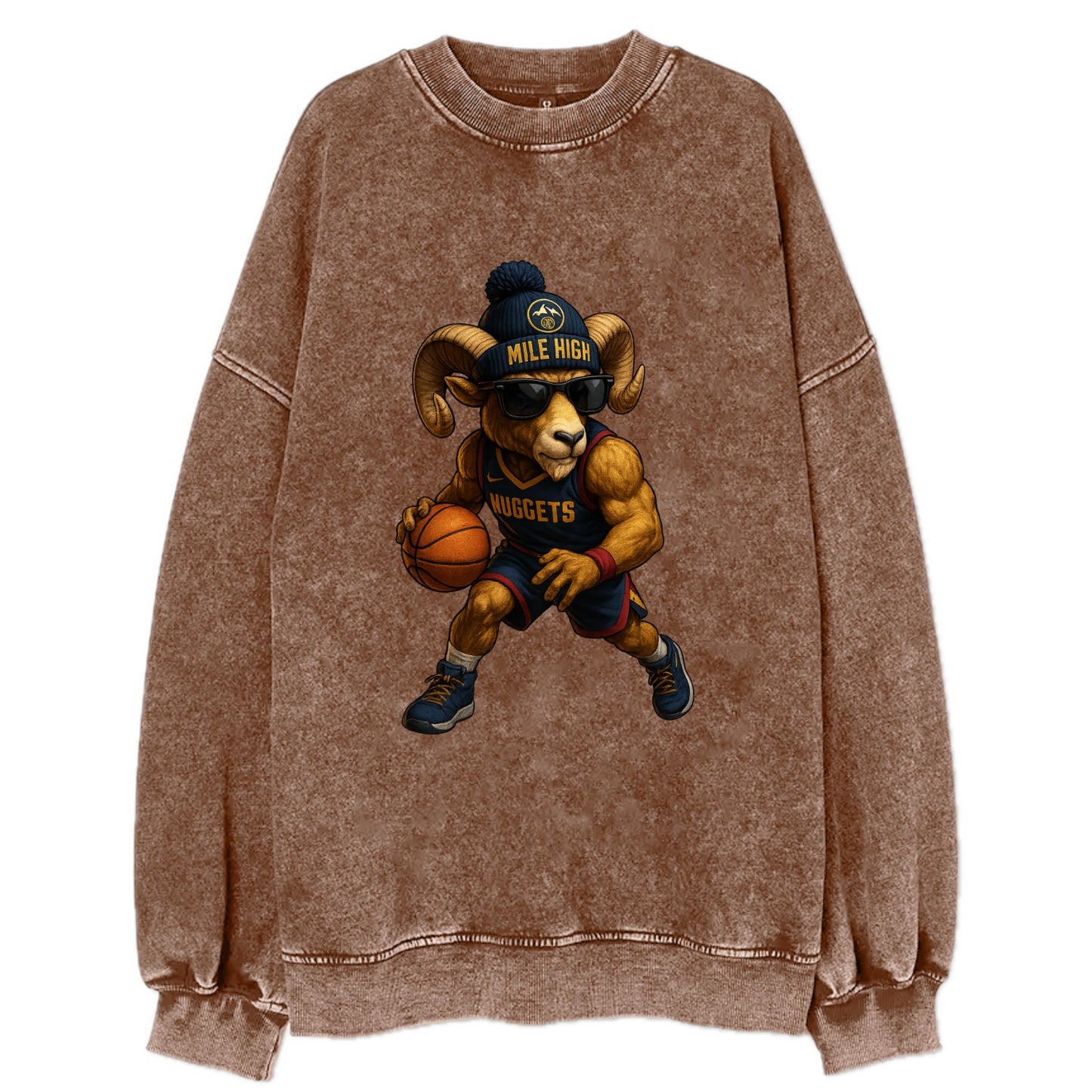 Mile High Bighorn wearing Nuggets beanie with mountain patch and wayfarer - Vintage Sweatshirt - Brown