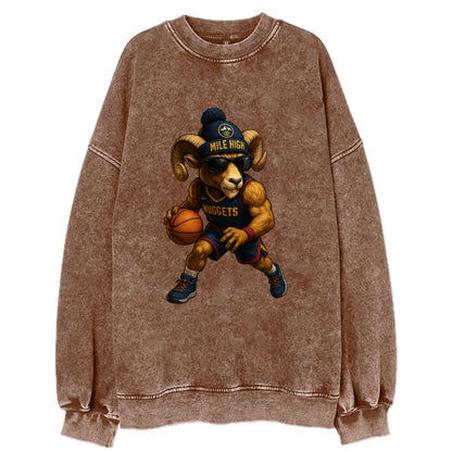 Mile High Bighorn wearing Nuggets beanie with mountain patch and wayfarer - Vintage Sweatshirt - Brown