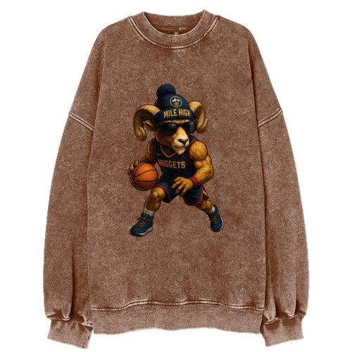 Mile High Bighorn wearing Nuggets beanie with mountain patch and wayfarer - Vintage Sweatshirt