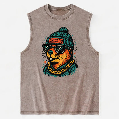 Illinois Prairie Dog wearing Chicago beanie with pom pom and wayfarer - Vintage Washed Tank - Brown