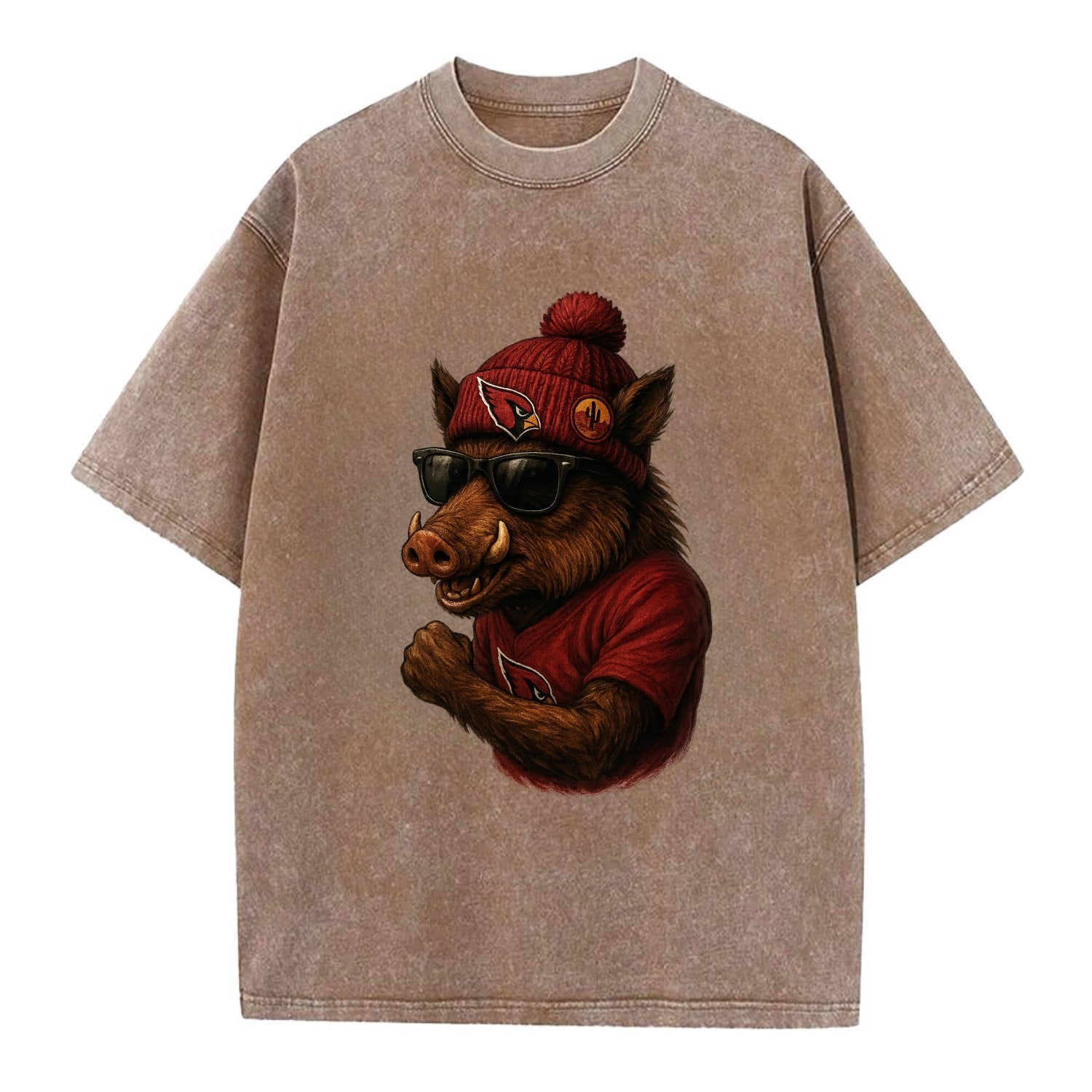 Arizona Javelina wearing Cardinals beanie with desert patch and wayfarer - Vintage T-shirt - Brown