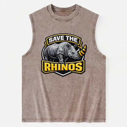 SAVE THE RHINOS - rhino silhouette in gray , horn protection - Vintage Washed Tank - Brown